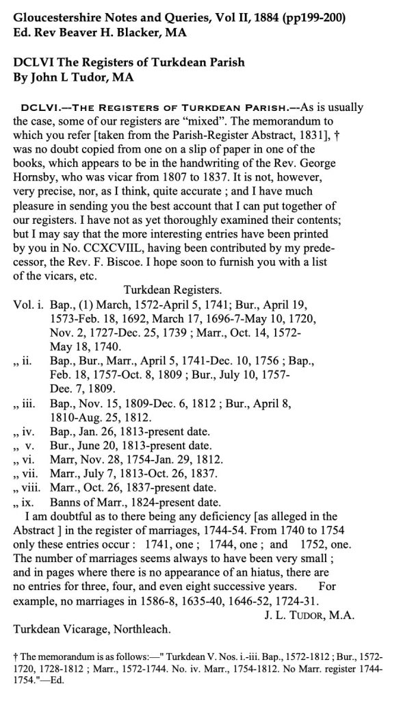 The Registers of Turkdean Parish Rev John Tudor Gloucestershire Notes & Queries Vol II, 1884