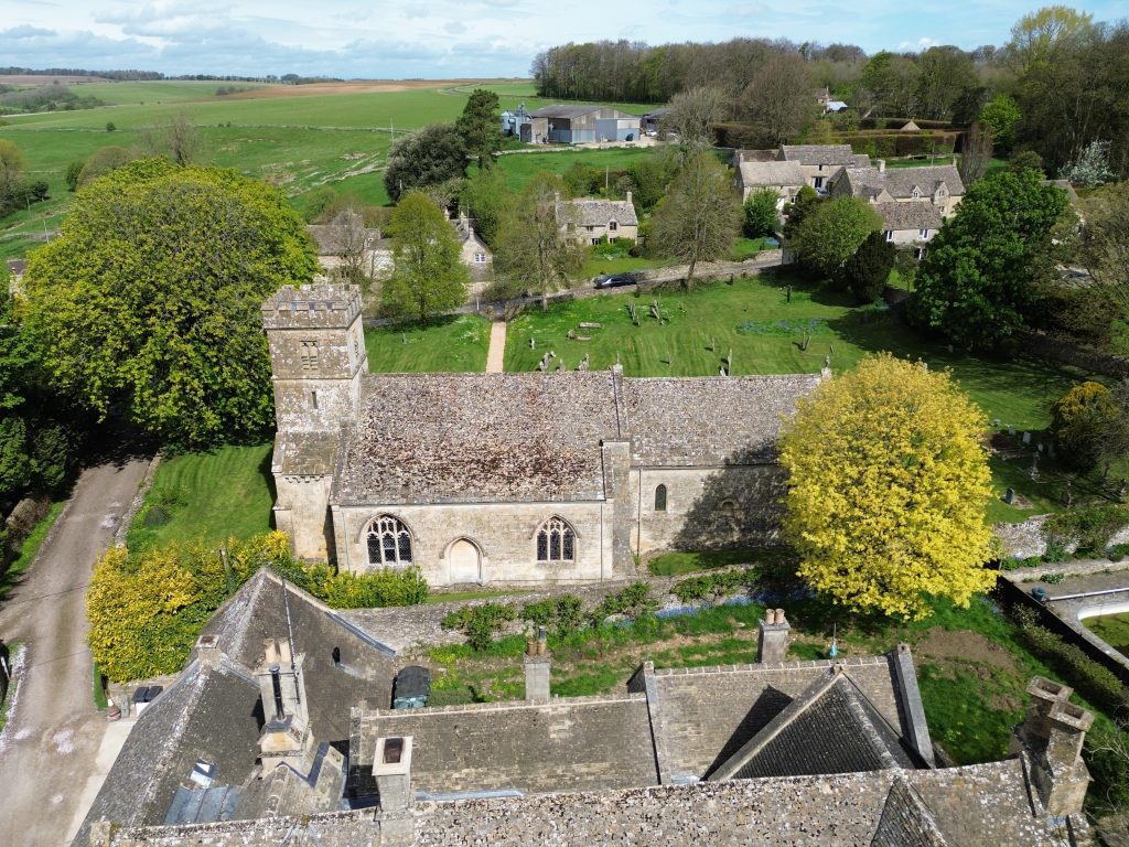 All Saints Church, Turkdean taken from a drone flying to the South of the church and looking North - April 2024